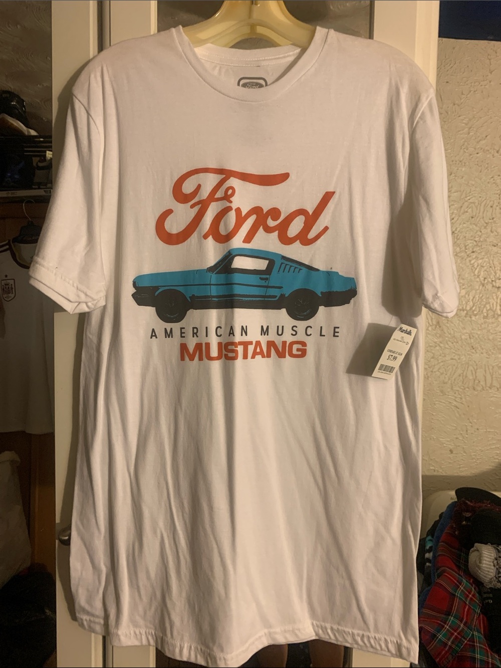 Ford White T‑Shirt with Orange Script and Blue Mustang Graphic
